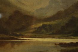 A framed and glazed oil on board of a lake scene with mountains in the background, unsigned. Label