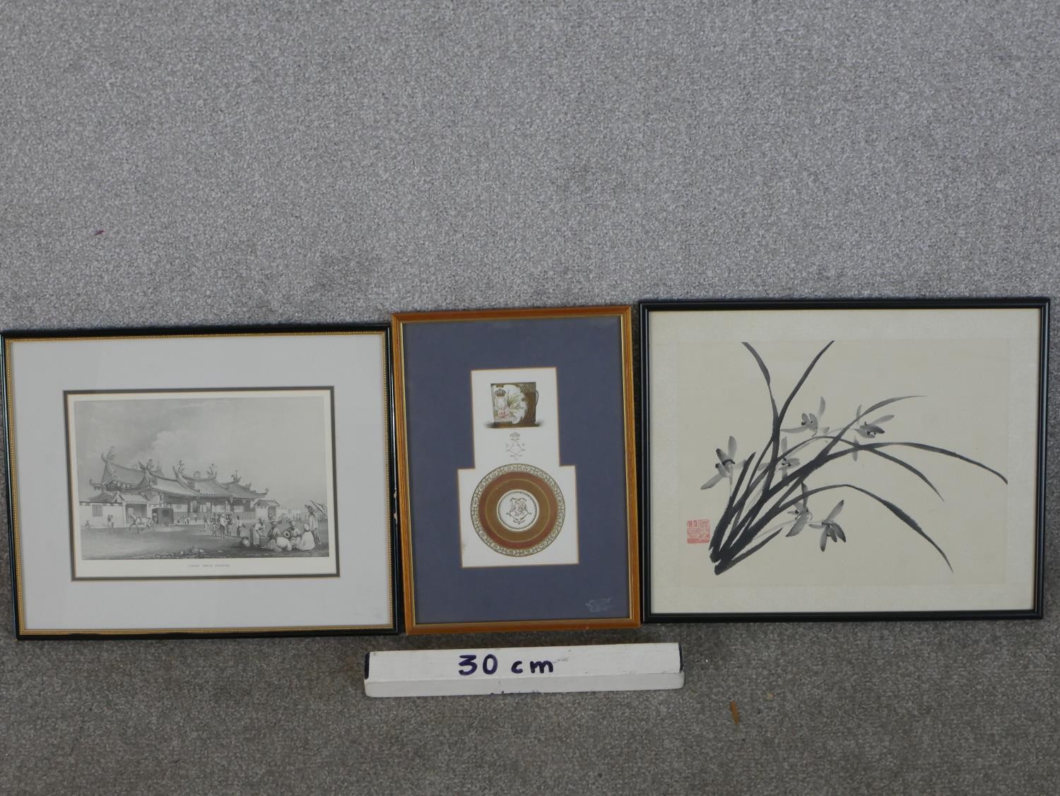 Three framed glazed Orienral prints, one of a calligraphy painting of orchids with artist's seal. - Image 3 of 7