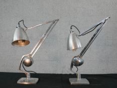 A Pair of brushed steel angle poise lamps, raised on square plinth base. H.49 W.36cm