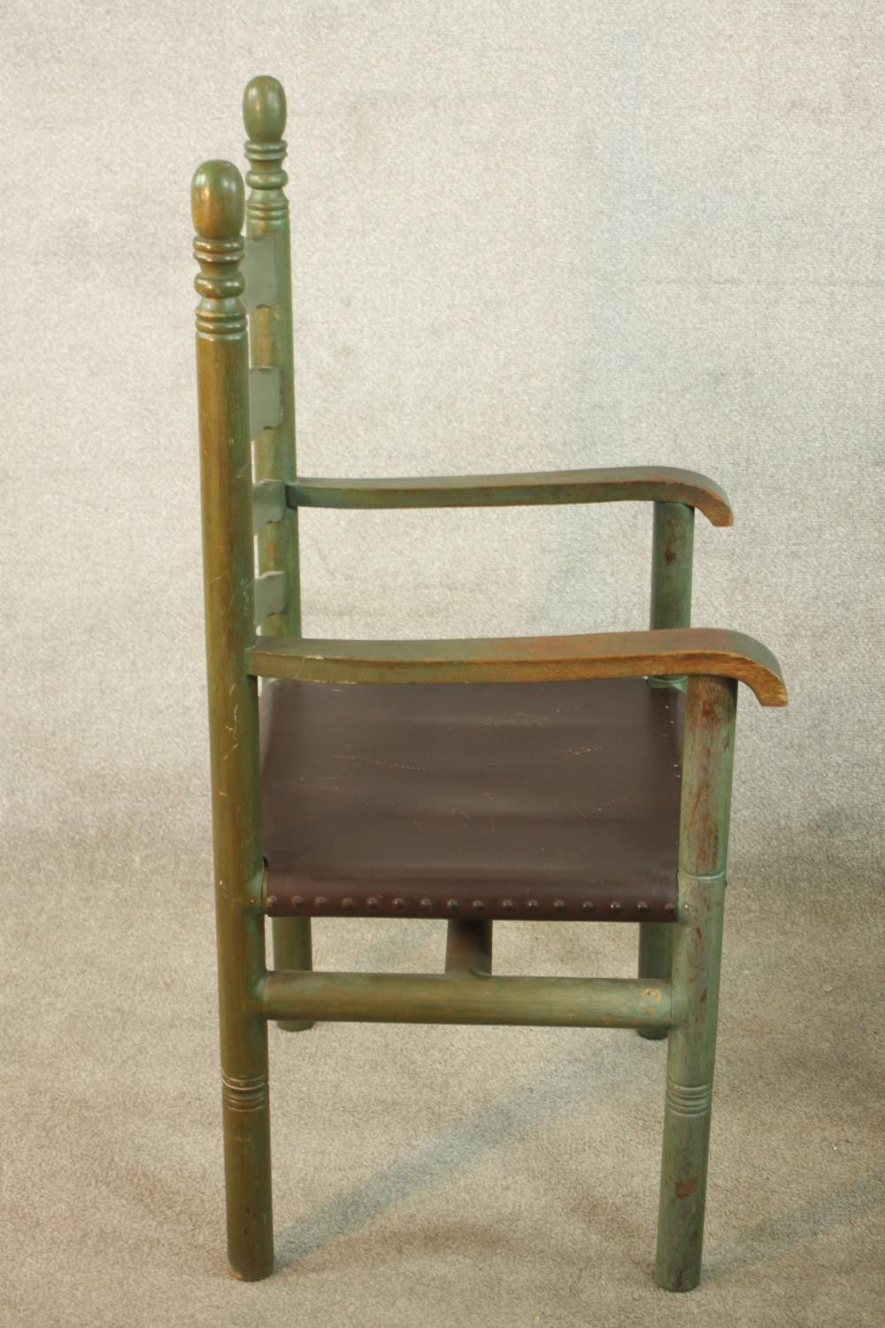 A set of four painted 19th / early 20th ladder back dining chairs, with turned finials raised on - Image 5 of 12