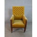 A William IV mahogany armchair, upholstered in mustard velour with a buttoned back, the arms