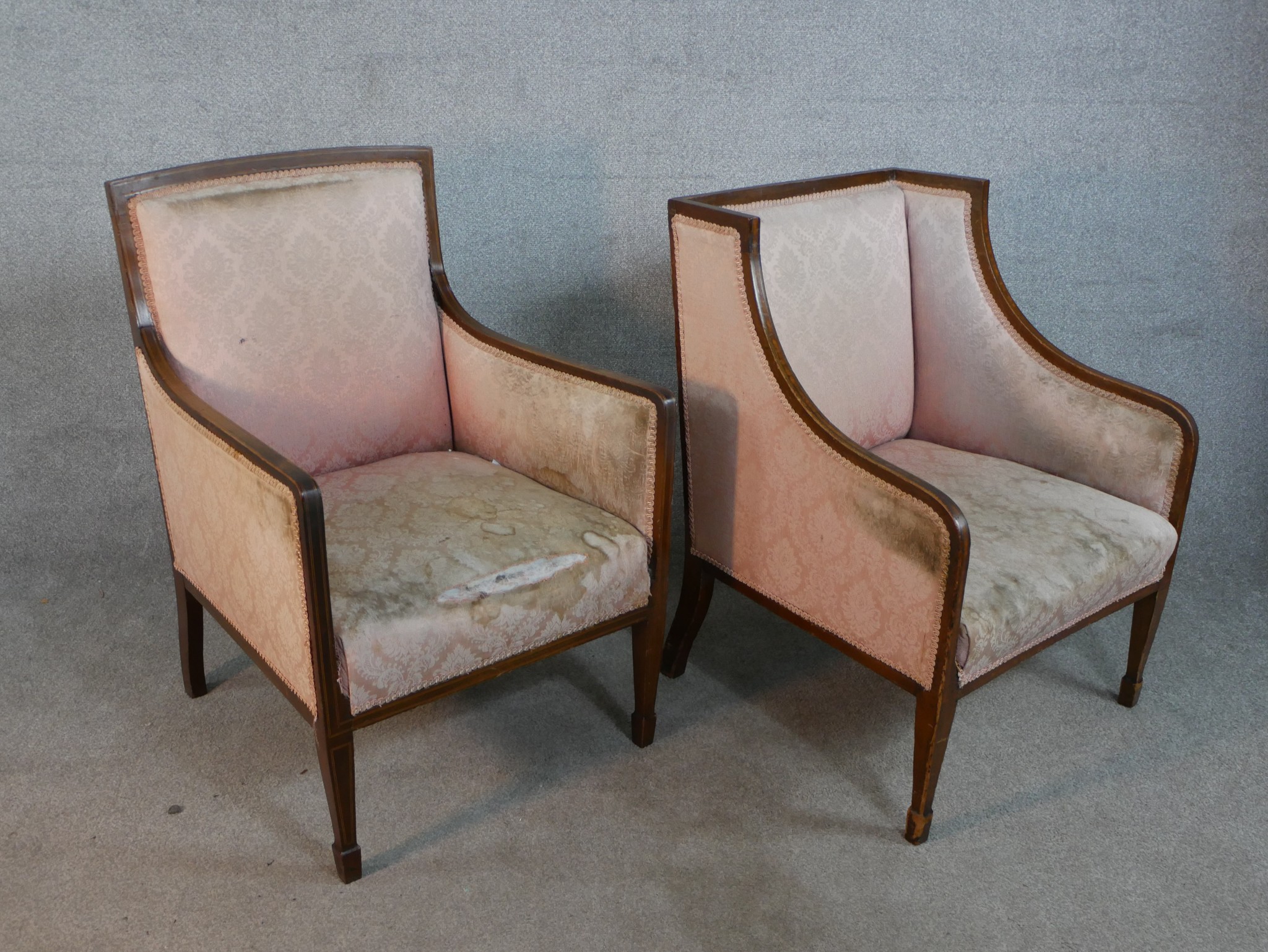 A pair of Edwardian mahogany and line inlaid armchairs, upholstered with pink damask, on tapering - Image 11 of 11