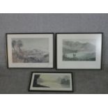 Three framed and glazed prints of well known landscape watercolours, one by Maplestone and the other