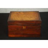A Victorian burr walnut and walnut storage box opening to reveal pine and velvet lined interior, H.
