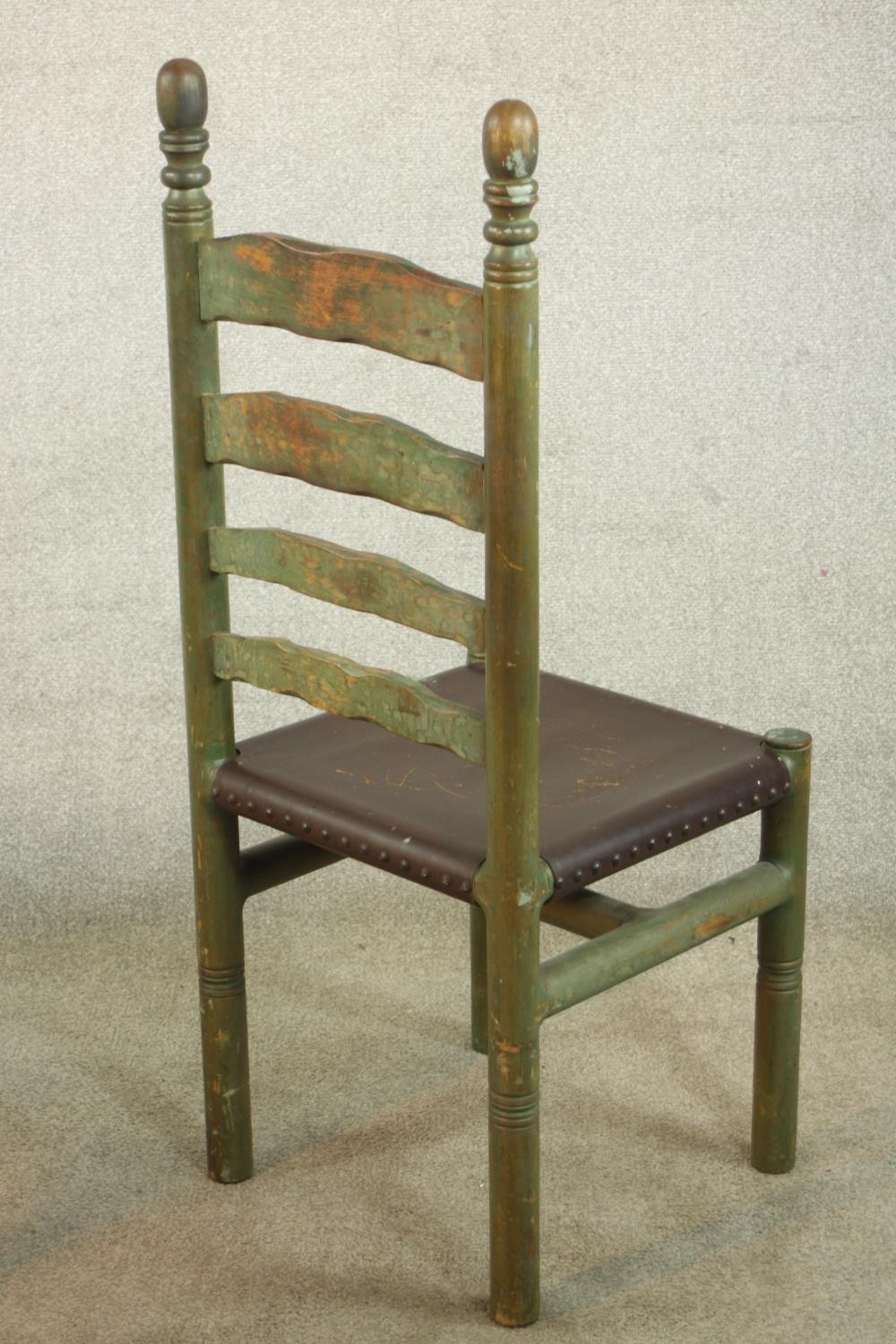A set of four painted 19th / early 20th ladder back dining chairs, with turned finials raised on - Image 11 of 12