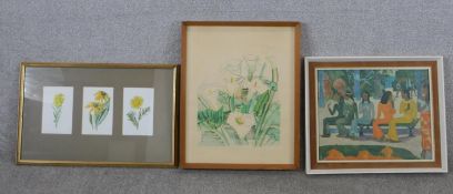 Three framed and glazed colour prints, one of Paul Gaugin's 'Ta Matete', Raoul Dufy 'Cala Lily's and