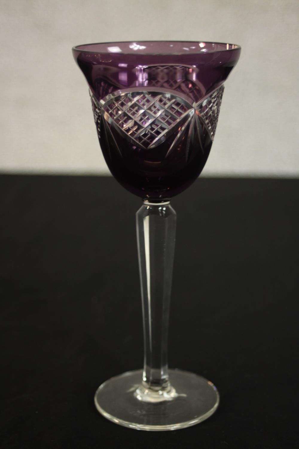A collection of cut glass, including two Bohemian cut to clear green and purple wine glasses, two - Image 7 of 9