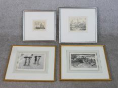 Four framed and glazed etching of town scenes, one by Wilfred Fairclough (1907 - 1996), signed and