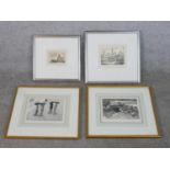 Four framed and glazed etching of town scenes, one by Wilfred Fairclough (1907 - 1996), signed and