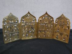 19th century Russian Orthodox brass and enamel three fold travelling icon depicting various stages