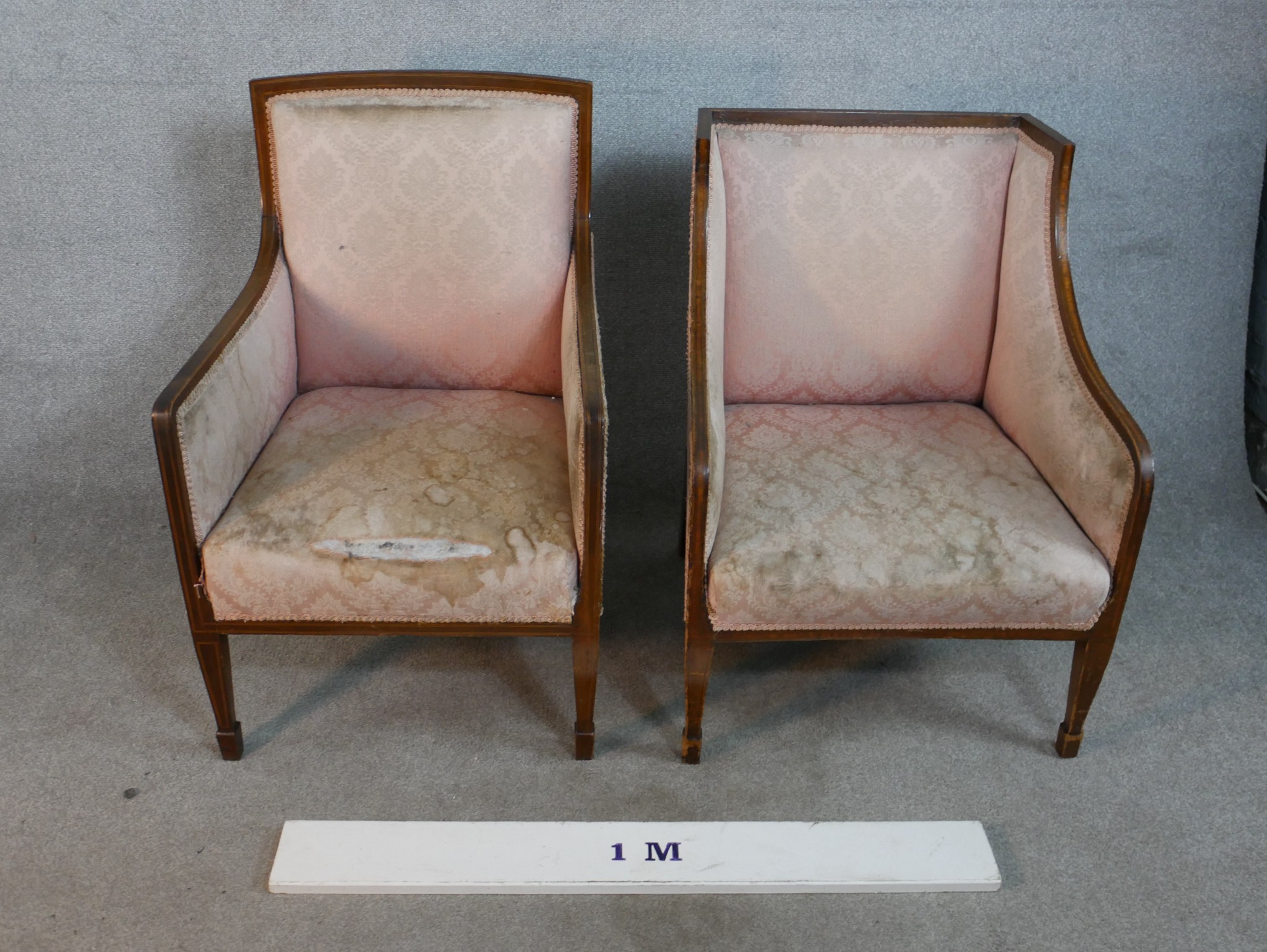 A pair of Edwardian mahogany and line inlaid armchairs, upholstered with pink damask, on tapering - Image 10 of 11