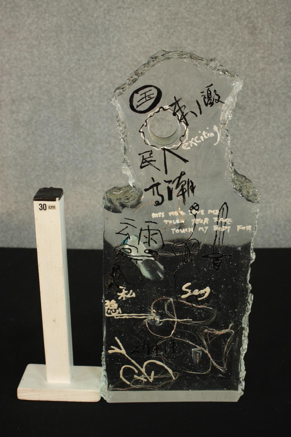 Two contemporary Asian glass sculptures, each with graffiti style decoration and suspended wire - Image 10 of 18