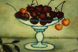 A framed reverse painting on glass, still life bowl of cherries. H.36 W.51cm.