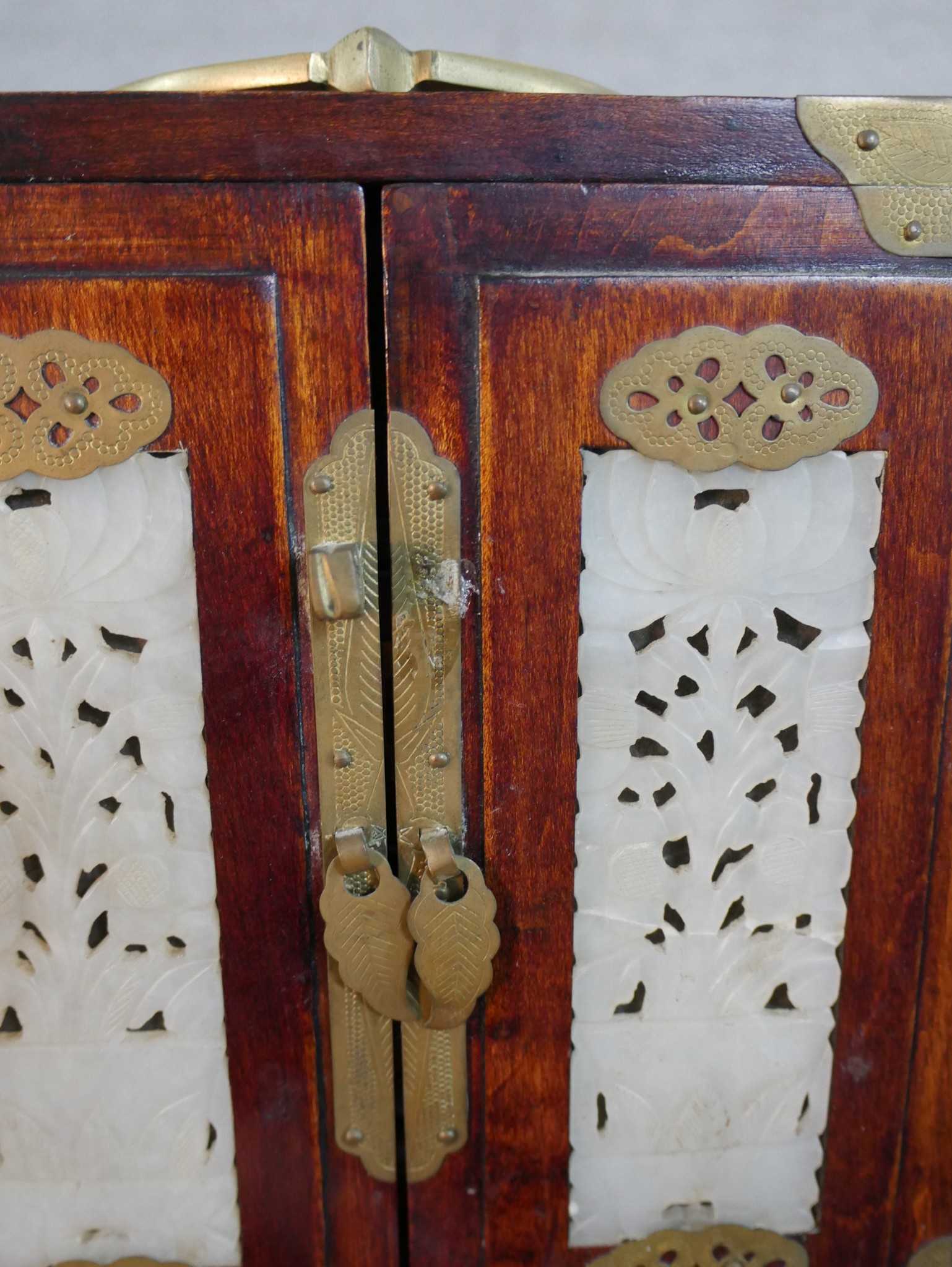 Three 20th century Chinese jewellery cabinets, with brass mounts and carved jade decoration, two - Image 14 of 21