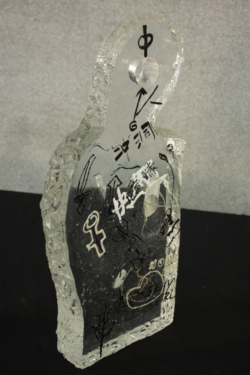 Two contemporary Asian glass sculptures, each with graffiti style decoration and suspended wire - Image 13 of 18