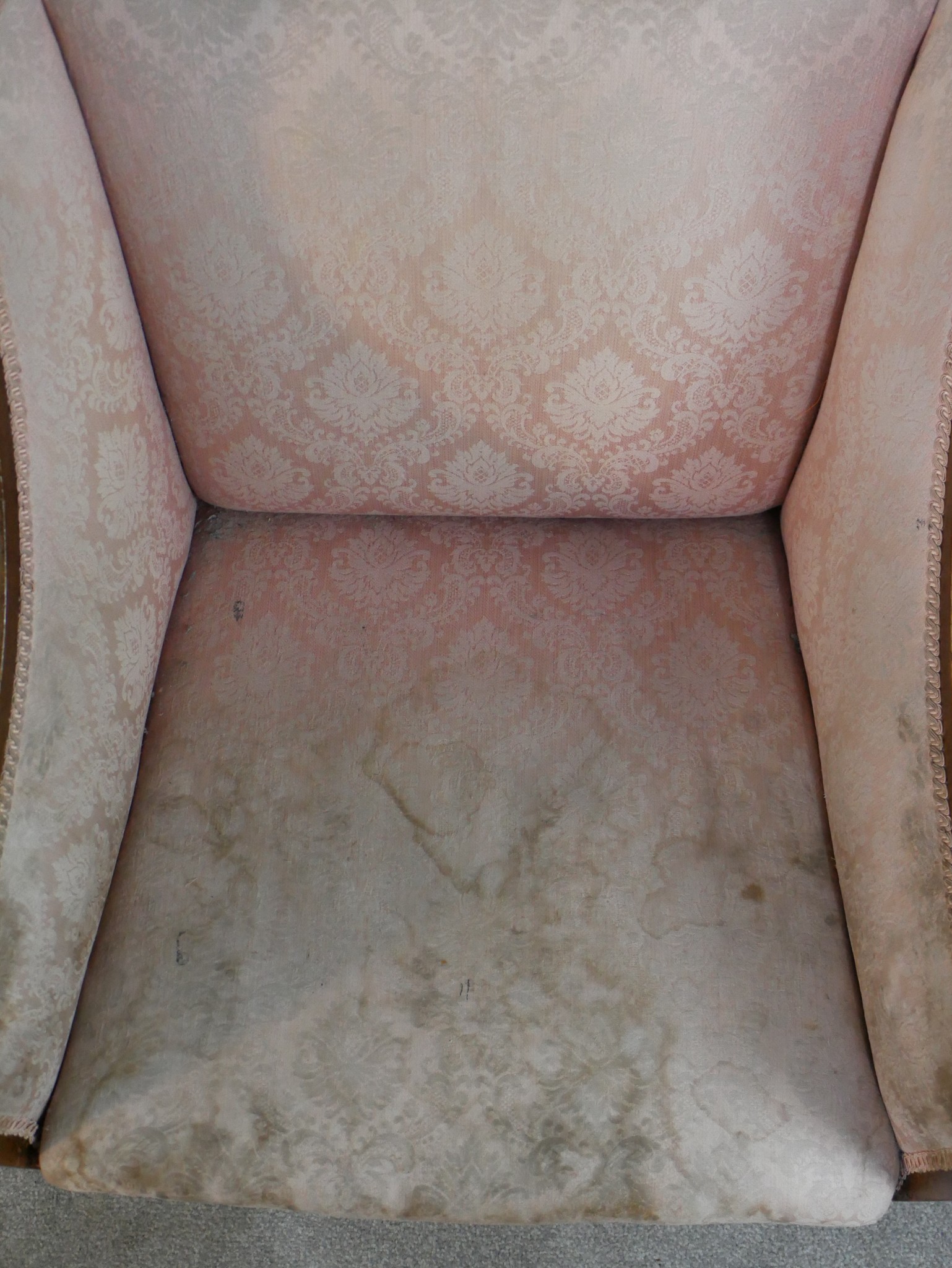 A pair of Edwardian mahogany and line inlaid armchairs, upholstered with pink damask, on tapering - Image 7 of 11