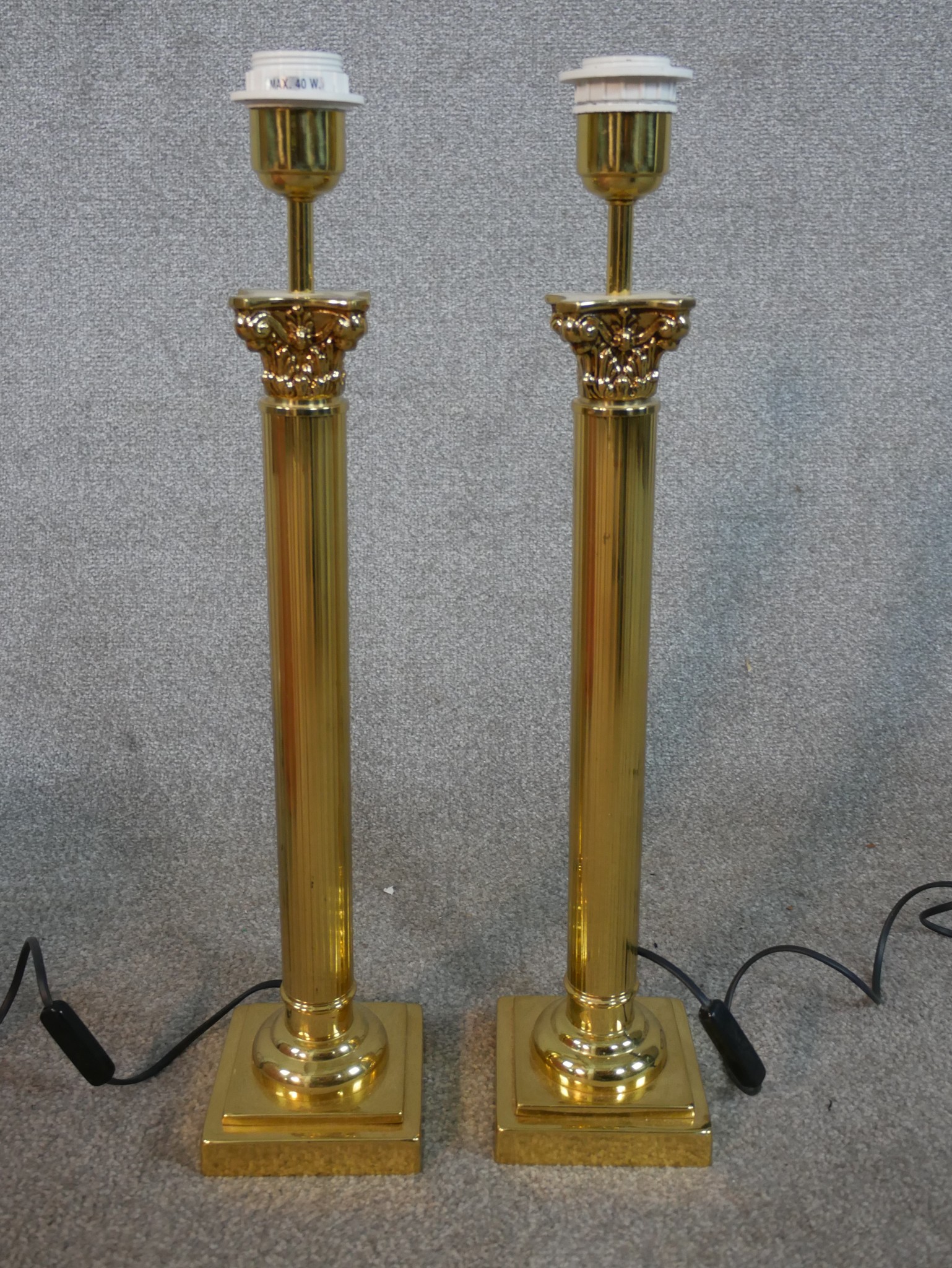 A pair of late 20th century brass table lamps in the form of Corinthian columns, on square step down - Image 7 of 7