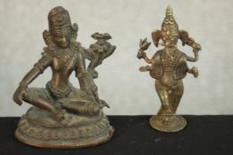 Two early 20th century brass and bronze Indian deities, one of Ganesha. H.10 W.5 D.4cm. (largest)