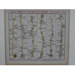 A 19th century hand coloured engraved strip map of York to Lancashire. H.26 W.28cm
