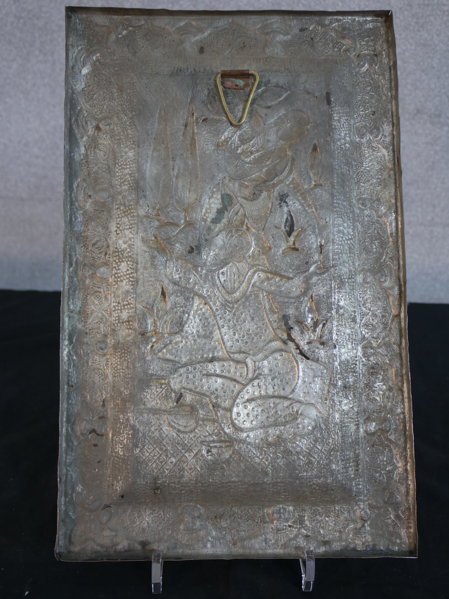 A repousse middle eastern silvered plaque with wedding scene of female handing seated male a glass - Image 4 of 4