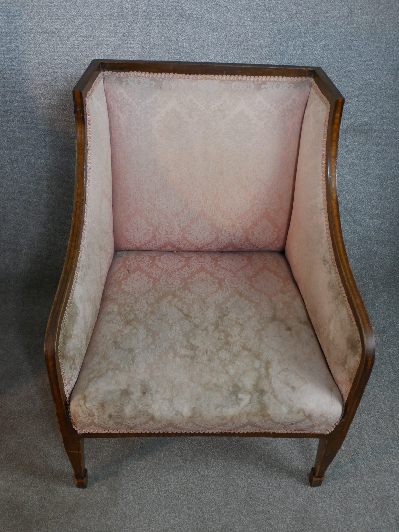 A pair of Edwardian mahogany and line inlaid armchairs, upholstered with pink damask, on tapering - Image 6 of 11