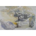 A framed and glazed watercolour of a countryside lane with gate, signed Blake. H.50 W.64cm