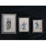 Three 19th century Chinese paintings on rice paper, depicting figures. H.19.5 W.15cm Largest