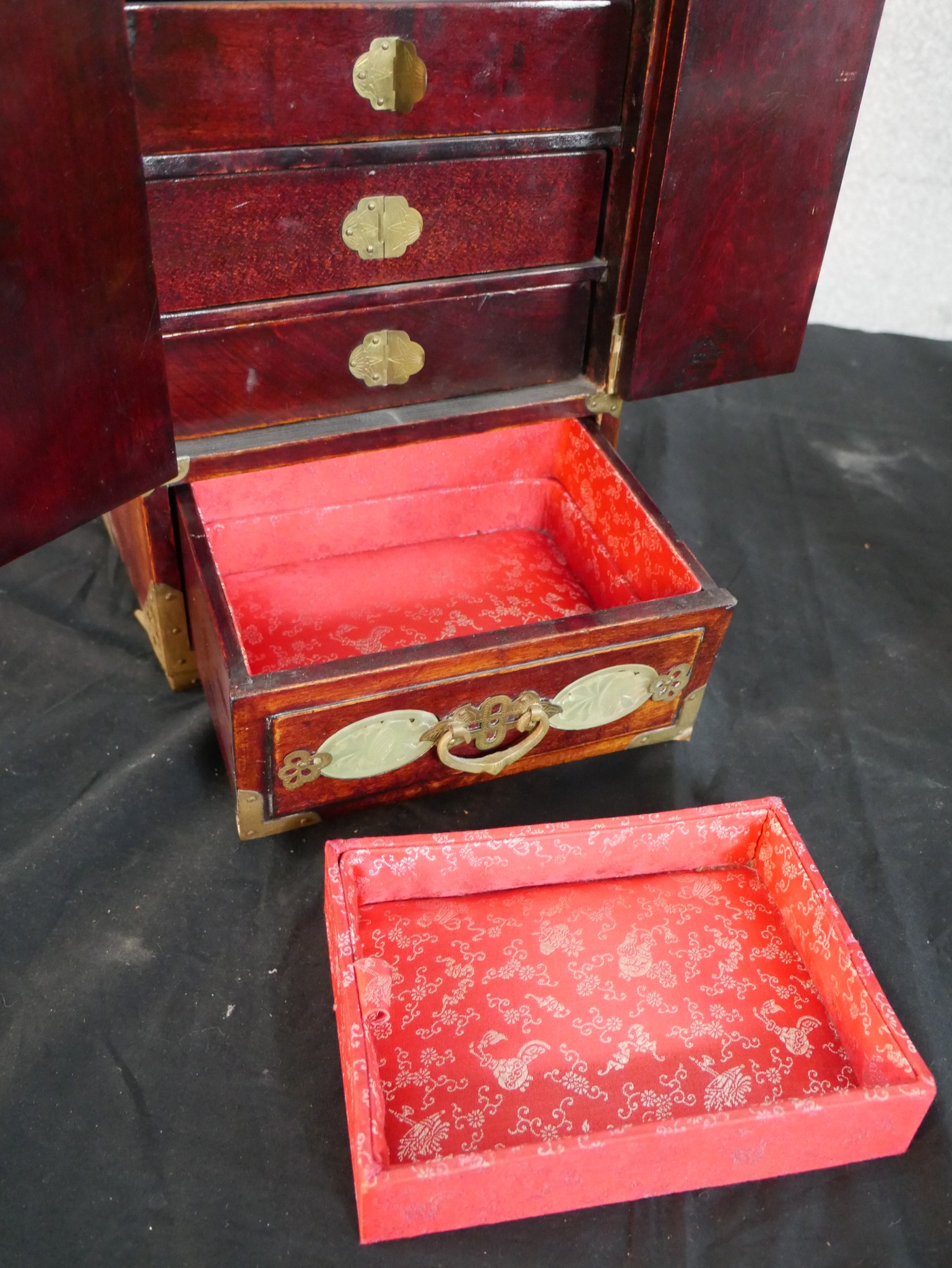 Three 20th century Chinese jewellery cabinets, with brass mounts and carved jade decoration, two - Image 13 of 21