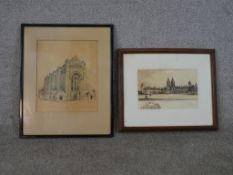 Two framed and glazed etchings, one of memorial chapel and the other 'Charterhouse from the Upper