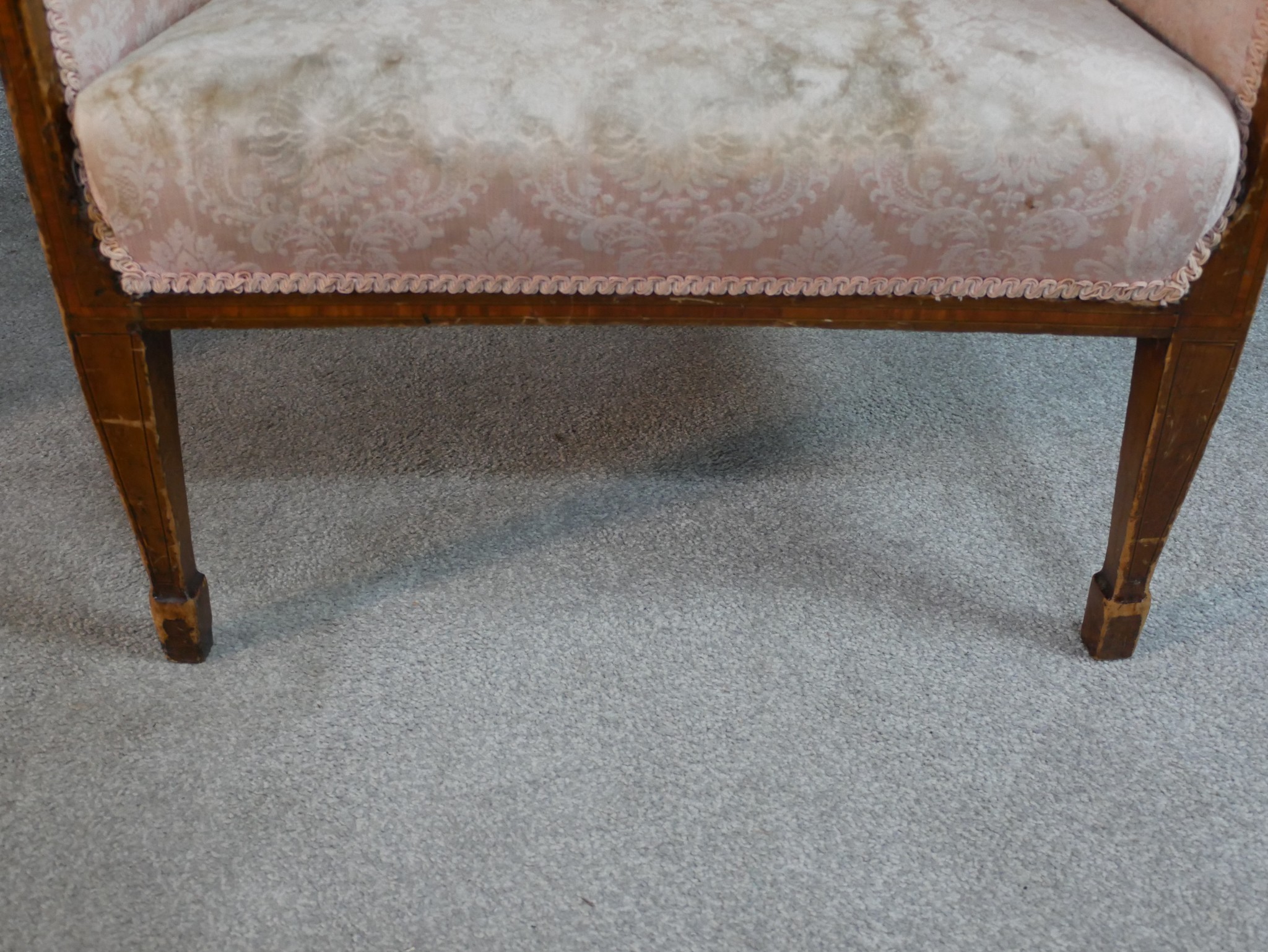 A pair of Edwardian mahogany and line inlaid armchairs, upholstered with pink damask, on tapering - Image 8 of 11