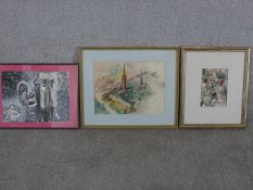 Three framed and glazed watercolours, one of many people, signed P.Knox, an African tribal