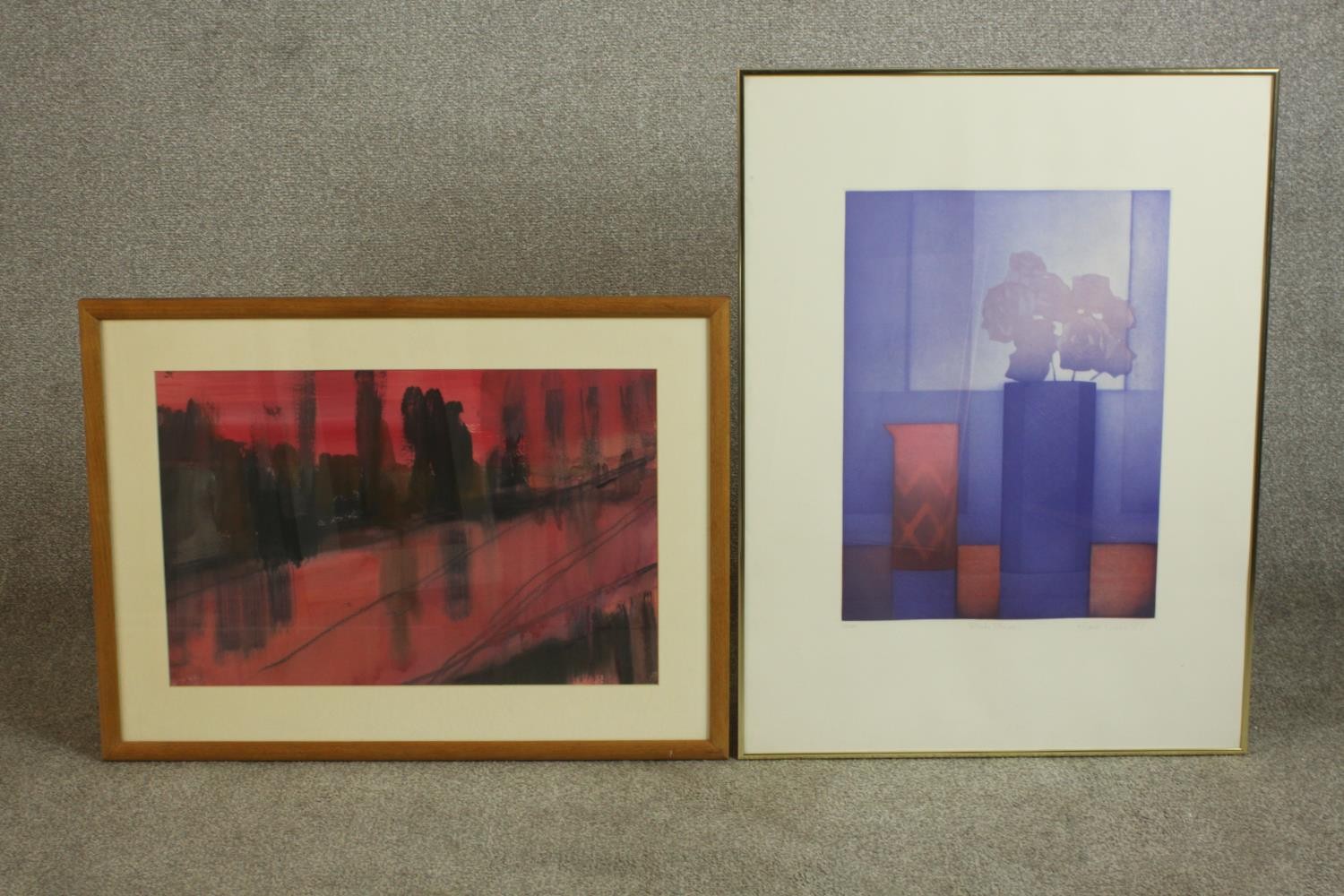 Liz Sutherland, watercolour cityscape, label and inscribed verso along with a signed etching. H.77