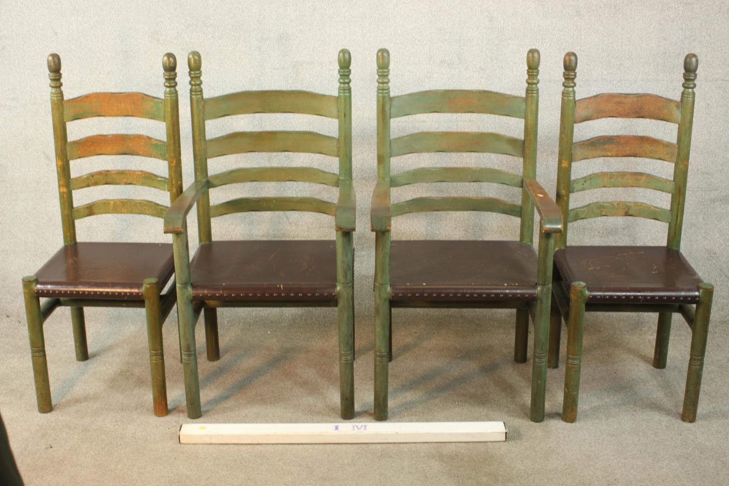 A set of four painted 19th / early 20th ladder back dining chairs, with turned finials raised on - Image 2 of 12
