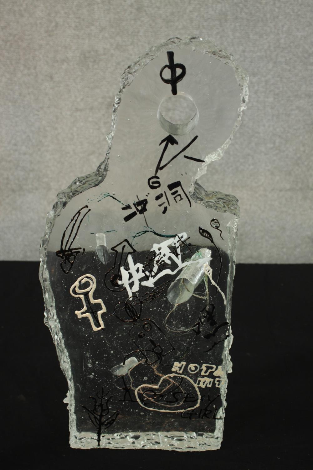 Two contemporary Asian glass sculptures, each with graffiti style decoration and suspended wire - Image 7 of 18