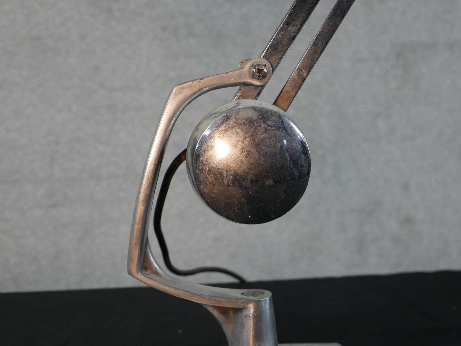 A Pair of brushed steel angle poise lamps, raised on square plinth base. H.49 W.36cm - Image 3 of 6