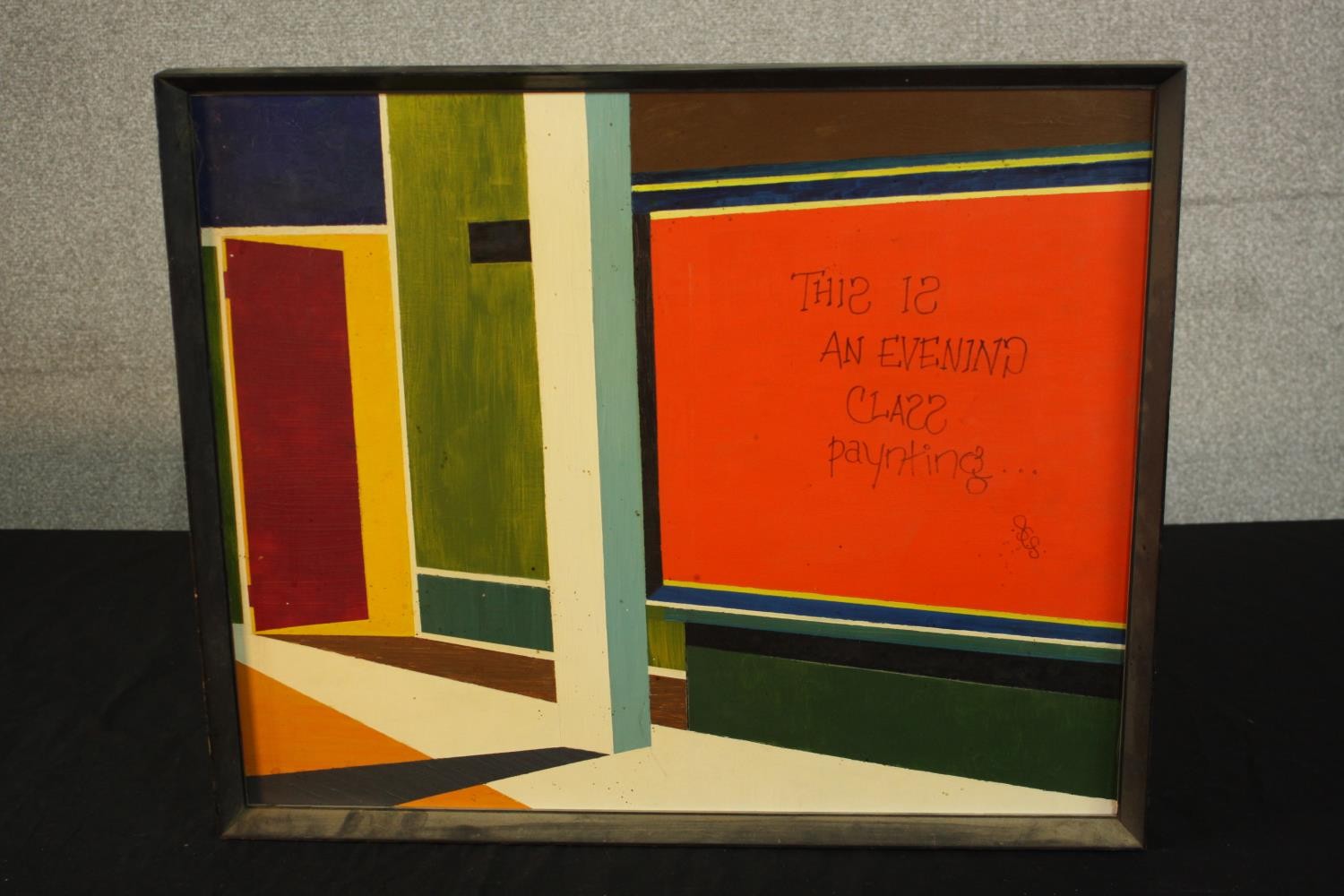 A framed oil or acrylic on board, titled 'Classroom', signed and inscribed verso. H.50 W.61cm. - Image 2 of 4