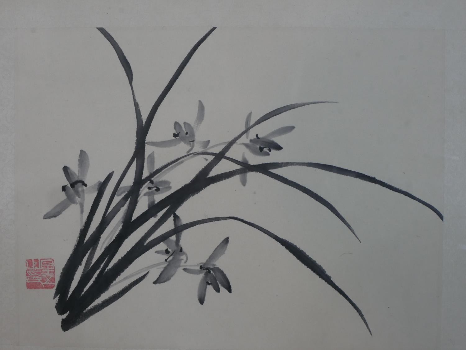 Three framed glazed Orienral prints, one of a calligraphy painting of orchids with artist's seal. - Image 5 of 7