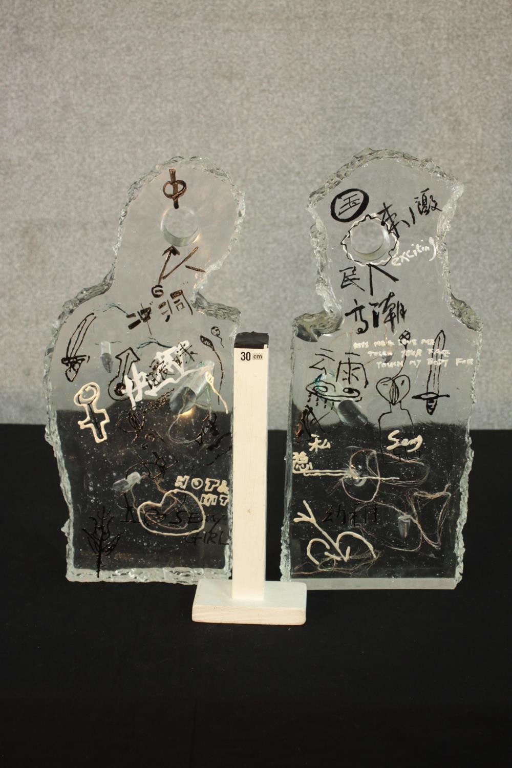 Two contemporary Asian glass sculptures, each with graffiti style decoration and suspended wire - Image 2 of 18