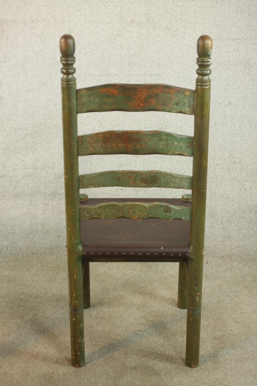 A set of four painted 19th / early 20th ladder back dining chairs, with turned finials raised on - Image 12 of 12