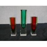 Three Murano sommerso glass vases of cuboid form, two with ruby glass centres, the largest with a