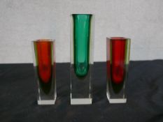 Three Murano sommerso glass vases of cuboid form, two with ruby glass centres, the largest with a