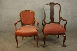 A French Louis XV style fauteuil armchair, upholstered in dark pink fabric on cabriole legs,