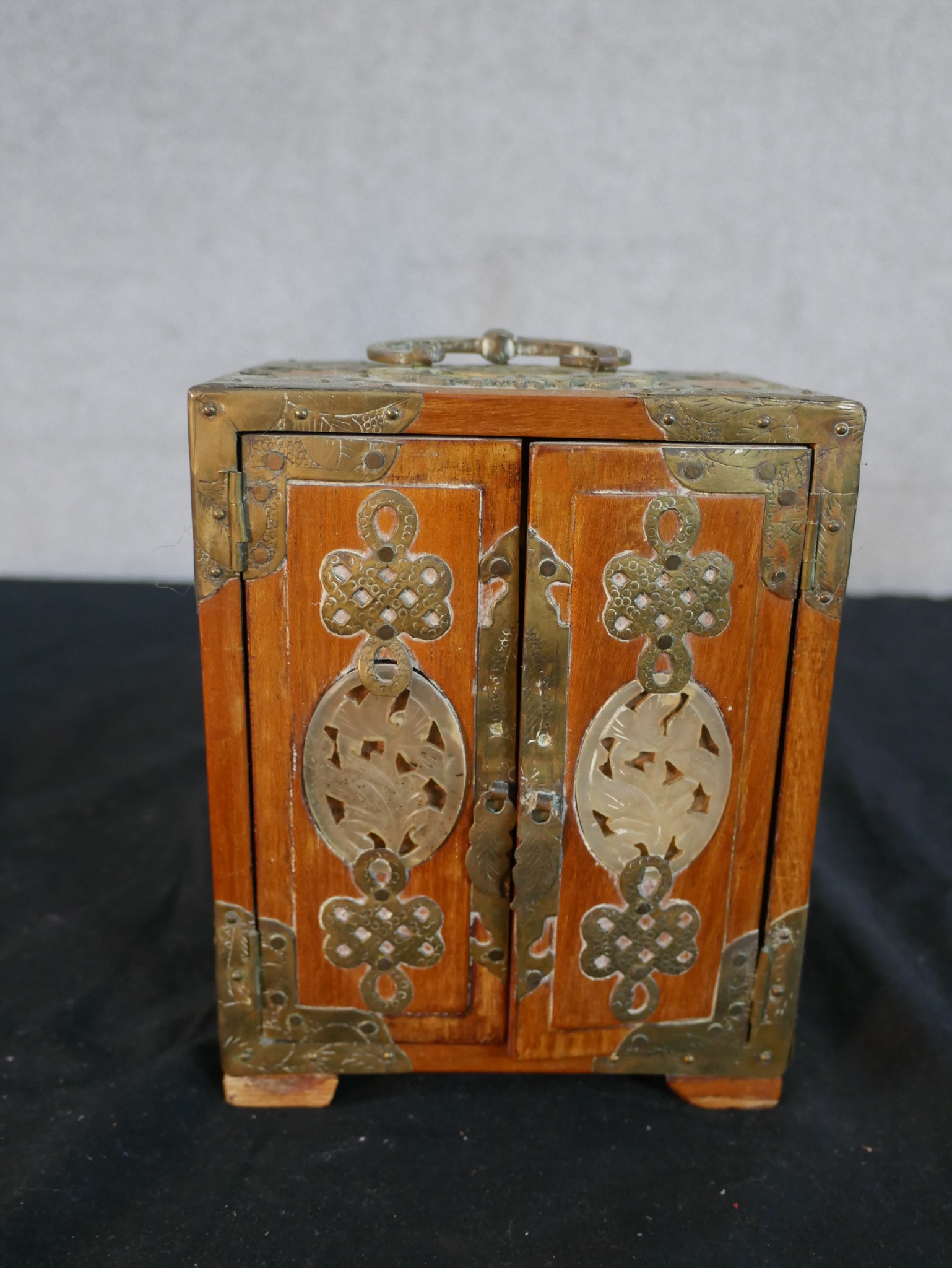 Three 20th century Chinese jewellery cabinets, with brass mounts and carved jade decoration, two - Image 17 of 21