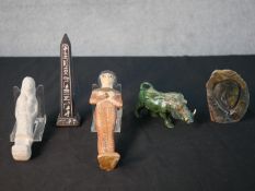 Assortment of various items to include two Egyptian Shabti style figures, a green hardstone standing