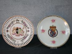 A Chinese porcelain painted armorial ribbon plate; with four character seal mark verso together with
