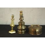 A Victorian brass geometric design gimbal candlestick turned table lamp along with a brass oil
