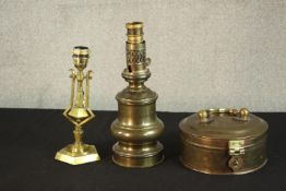 A Victorian brass geometric design gimbal candlestick turned table lamp along with a brass oil