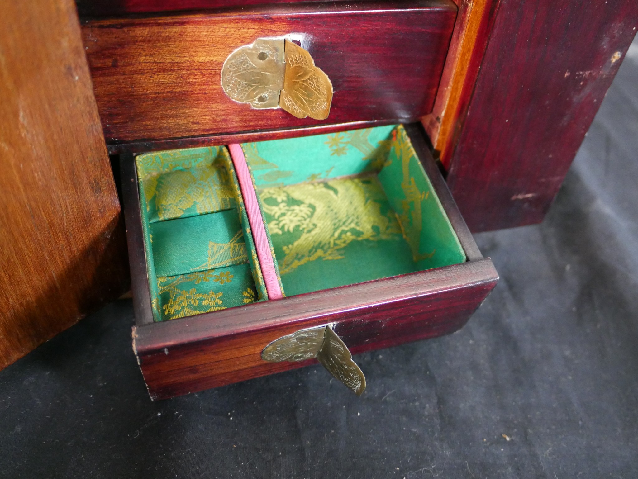 Three 20th century Chinese jewellery cabinets, with brass mounts and carved jade decoration, two - Image 21 of 21