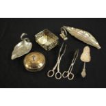 A collection of mixed silver plate, including a silver plate leaf dish, tongs, cake slice and lidded