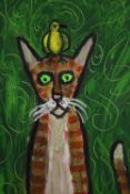 Wolf Howard (Contemporary), Cat with Bird on its head, acrylic on canvas, unframed. H.60 W.42cm.